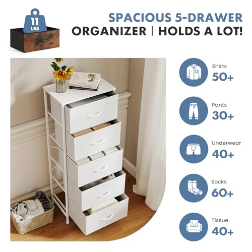 DUMOS Nightstand with 5 Drawers Bedside Table with Removable Fabric Bins Sturdy Steel Frame Wood Top Organizer Furniture for Bedroom Nursery Closet Living Room, White - color: White, size: 15.7"D x 11.8"W x 47.7"H (5 Drawers)