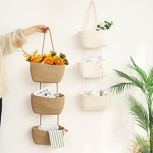 TeoKJ Over the Door Hanging Basket, 3-Tier Woven Cotton Wall-Mounted Storage Organizer Bag Decorative Hanging Nursery Baskets, Jute - color: Jute