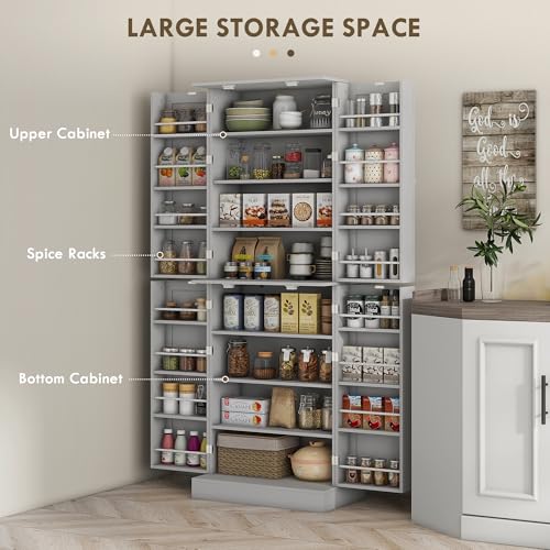 HOMCOM 65" Kitchen Pantry Storage Cabinet, Freestanding Kitchen Cabinet with 16 Door Shelves, Double Doors, 8-Tier Shelving and Adjustable Shelves, Gray - color: Grey, size: 65"H