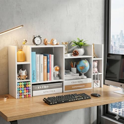 YIGANG Desk Shelf Organizer, 3-Tier Desktop Bookshelf for Computer Desk, Small Tabletop Hutch Storage Rack, Wood Office Supplies Organizer for Dorm, Home & Student (29 Inch Wide)，White