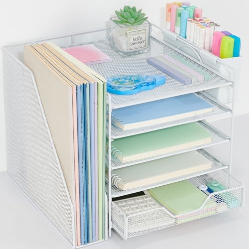 Desk Organizer, 5-Tier Paper Letter Tray Organizer with File Holder, Drawer and Pen Holder, Desktop Organizer for Office Supplies, White - color: White