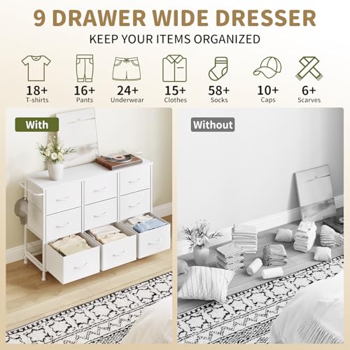 Dresser for Bedroom, Small Fabric Dressers for Kids Bedroom, 9 Drawers Dresser for Closet, Storage Organizer Chest of Drawers for Nursery, Dorm, Apartment, TV Stand, Wooden Top, Side Hooks (White) - color: White, size: 11.8"D x 39.4"W x 25.6"H (9 Drawers)