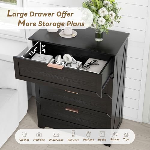 FTZxHKLX Modern 4 Drawer Dresser for Bedroom, Tall Bedroom Dresser with Large Drawer & Rose Gold Handles, Wooden Storage Organizer Cabinet Chest of Drawer for Closet, Living Room, Hallway, Black - color: Black