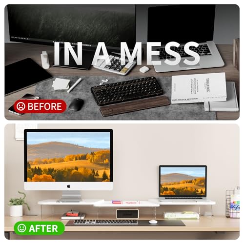 AFOOYO LED Dual Monitor Stand Riser for 2 Monitors,Office Desktop Wooden Stand Adjustable Length and Angle 3 Shelf,Extra Long Multifunctional Stand up to 39.3" for Computer,Laptop,TV,White - color: White, size: MIDDLE SLOT