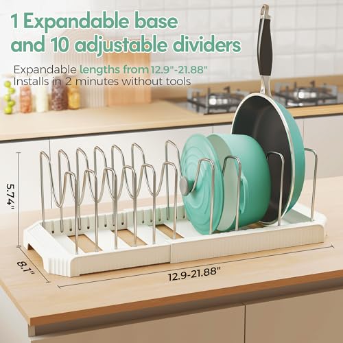 Pots and Pans Organizer for under Cabinet, Pan Pot Organizers inside Cabinet, Expandable Organizer with 10 Adjustable Dividers for Cookie Sheets, Cutting Boards, Pot Lids, Cookware - Frying Pan Rack - color: White, size: 10 Adjustable Dividers