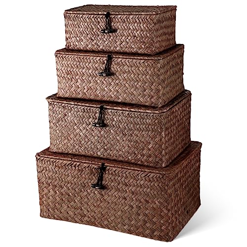 Woanger Set of 4 Wicker Storage Baskets Organizer，Handwoven Storage Bins with Lid for Organizing, Home Utility Box for Home Office Supplies Multipurpose Container(Coffee) - color: Coffee
