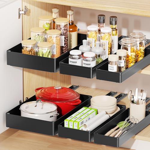Delamu 3 Pack Pull Out Cabinet Organizer, 15.7" Deep Pull Out Drawers for Cabinets, Slide Out Drawers for Kitchen Cabinets, Bathroom Cabinet Organizer, Pantry (Black) - color: Black