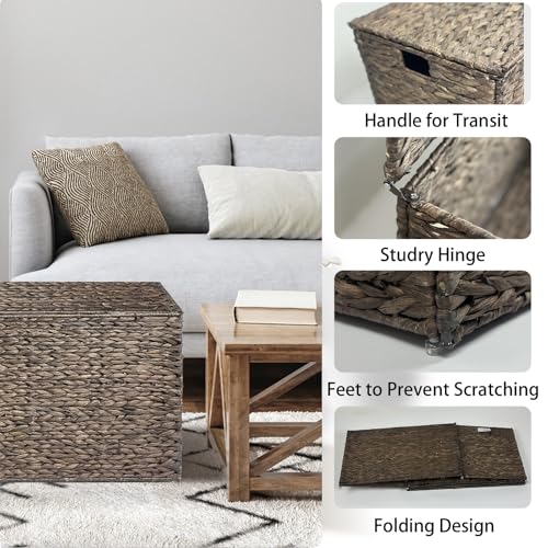 Water Hyacinth Storage Basket with Lid, 27.7 Gallon (105L) Blanket Storage Basket with Handles, Woven Storage Bin, Foldable, Metal Frame, for Bedroom, Laundry Room, Brown - color: Brown, size: 105 L:15.7 x 26 x 15.7 Inches