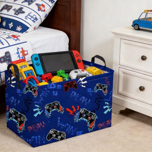 Rectangular Game Basket for Boys,Game Storage Bin,Boy Storage Basket,Collapsible Storage Bin,Gift Organizer, Shelf Baskets,Boy Room Decor(Blue Game) - color: Navy Blue Game