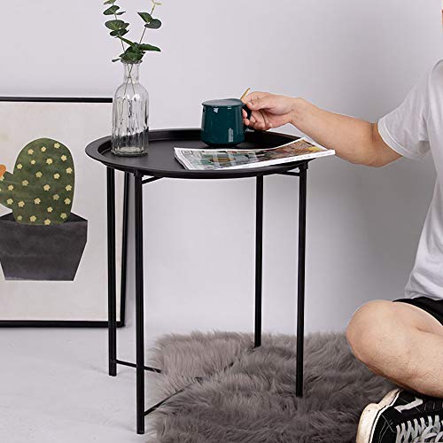 VECELO Side/End Table, Folding Round Metal Anti-Rust and Waterproof Outdoor or Indoor Tray for Living Room Bedroom Balcony and Office, 1 PCS, Black - color: Black, size: 1 PCS
