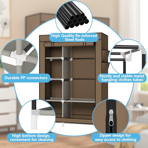 Calmootey Portable Closet Organizers, Clothing Storage, Wardrobe with 6 Shelves and Hanging Rod, Non-Woven Fabric Cover with 4 Side Pockets, Brown - color: Brown
