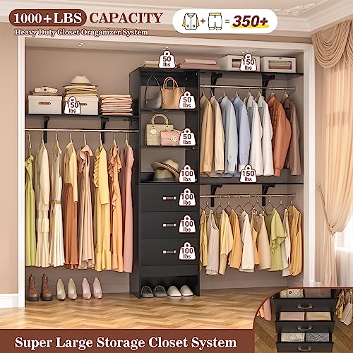 iSunirm 8FT Closet System, 96'' Closet Organizer System with 3 Hanging Rods, Wall Mount Bedroom Wardrobe with 3 Drawers Walk-in Closet, Adjustable Cloth Garment Rack from 5 to 8FT (Cut to Fit), Black - color: Black