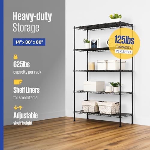 SafeRacks - NSF Certified Storage Shelves, Zinc, Heavy Duty Steel Wire Unit with Adjustable Feet, Garage or Bakers Rack, Kitchen, Pantry Shelf - (36"x14"x60" 5-Tier) (Black) - color: Black, size: 14"x36"x60" 5-Tier