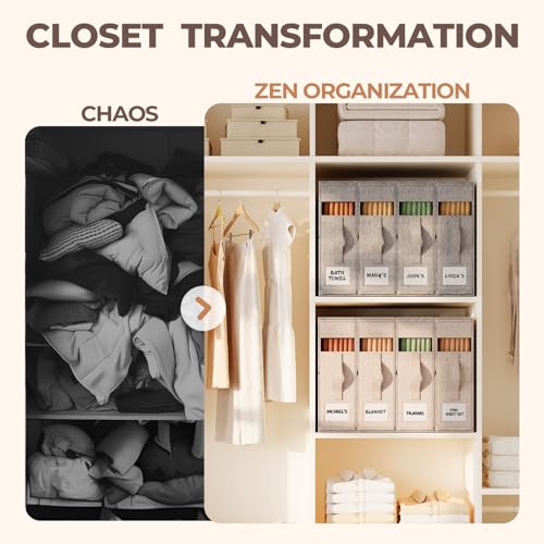 8Pack Sheet Organizers for Linen Closet - King/Queen Size Bedding Storage Boxes with Clear Window | Foldable, Dustproof Linen Organizer for Blankets & Sheet Sets,Beige - color: Beige, size: 8 Pack