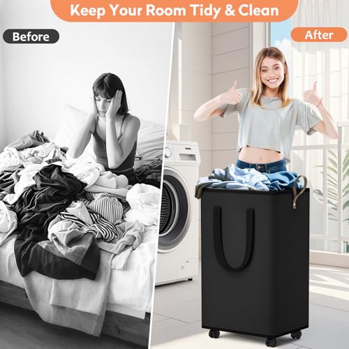 SpaceTrove Laundry Basket with Wheels, Collapsible Laundry Baskets, Laundry Hamper with Handles Detachable Wheels, Rolling Laundry Basket, Dirty Clothes Hamper for Bathroom, Dorm, Bedroom, Black, 80L - color: Black, size: 80L