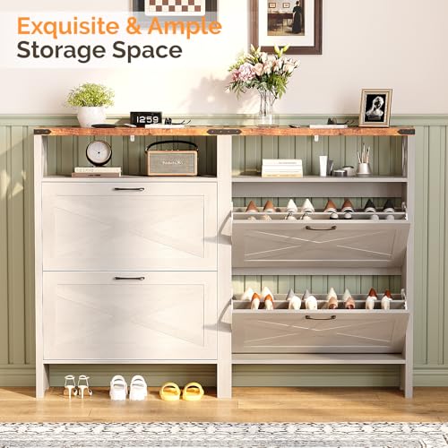 VINGLI Farmhouse Shoe Cabinet with 2 Flip Drawers, Slim Entryway Shoe Storage Organizer with Open Shelf, Freestanding Wood Shoe Rack for Hallway, Rustic White & Brown (31.5" W) - color: Rustic White + Vintage Brown, size: 31.5"W 2 Drawers