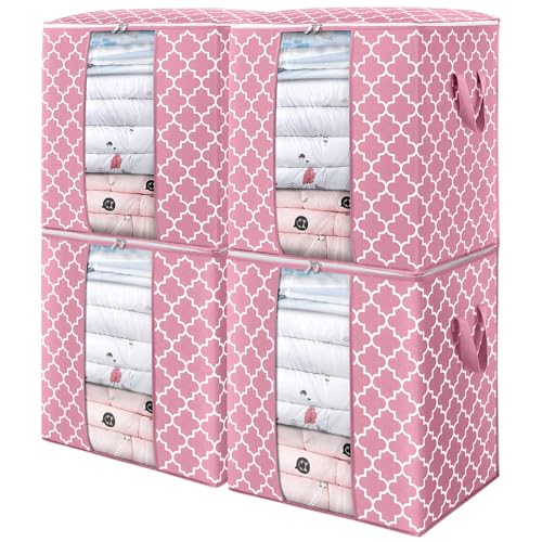 WISELIFE Storage Bags 4 Pack/100L Large Blanket Clothes Organization and Storage Containers for Comforters,Bedding, Foldable Organizer with Reinforced Handle, Clear Window, Sturdy Zippers,Pink - color: Pink, size: 4x 100L