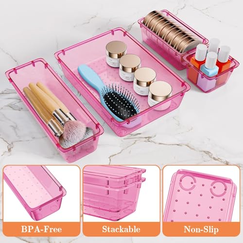 SpaceHacks 25 PCS Plastic Drawer Organizer Set, 4-Size Versatile Organizer Trays & Storage Bins for Makeup, Jewelry, and Gadgets in Bathroom, Bedroom and Office, Clear Pink - color: Clear Pink