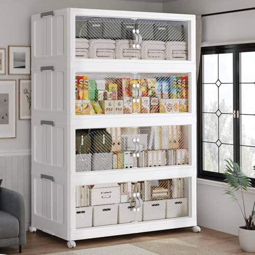 640QT Extra Large Stackable Storage Bins with Lid & Wheels & Doors, 160Gal Foldable Collapsible Closet Organizers, Plastic Cabinet Box Container Drawer for Home Kitchen Bedroom, 4Pack White - size: 160QT, style: 4Pack