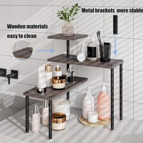 Countertop Organizer Organization 3 Tier Kitchen Corner Shelves Adjustable Spice Storage Rack for Bathroom Coffee Area Over Sink (Dark Gray Oak) - color: Dark Gray Oak