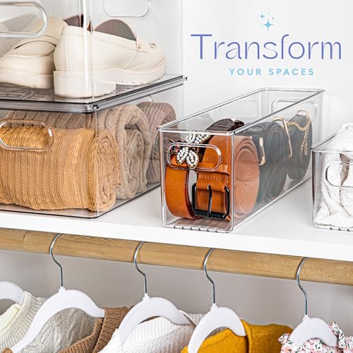 Plastic Food Storage 2 Pack Clear Container Bin with Handles for Organizing Kitchen, Pantry, Refrigerator, Freezer, Pantry, Cabinet, Closet, Bathroom. 16”x4”x5” - size: 16x4x5