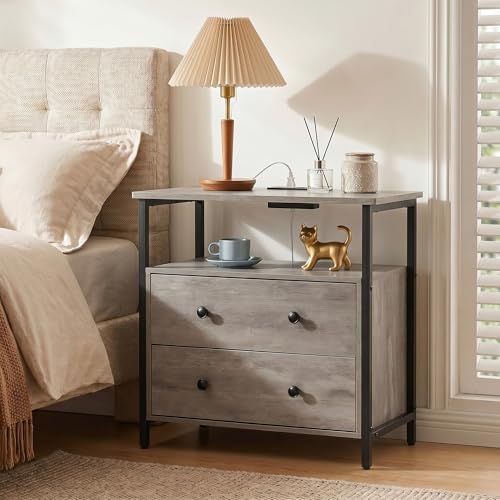 Edbuosy 27 inch Wide Night Stand Set 2 with Charging Station, Bedside Table with Open Shelf, 2 Drawers Small Wood Dresser, Modern Wood Nightstand for Bedroom/Living Room (Rustic Gray) - color: 2 Pack, Rustic Gray, size: 2 Drawers