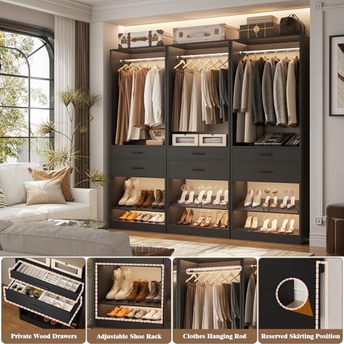 Unikito 25" W x 80" H Closet Organizer Storage with Hanging Rod and 2 Wooden Drawer, Adjustable Angled Shoes Rack, Sturdy Garment Racks, Walk-in Closet Tower for Bedroom, Mudroom, and Entryway, Black - color: Black, size: 25 Inch