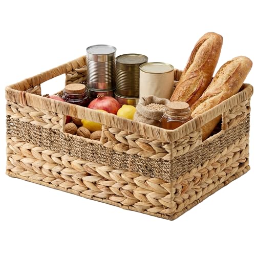 StorageWorks Jumbo Rectangular Wicker Basket, Water Hyacinth and Seagrass Storage Basket with Built-in Handles, 1 Pack - color: Natural (Water Hyacinth with Seagrass), size: 16 ½"L x 13"W x 7 ½"H