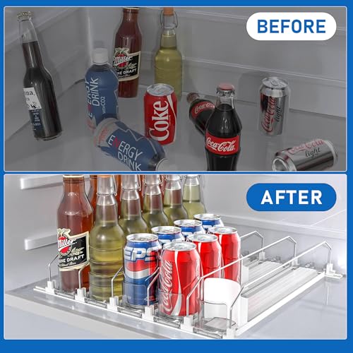 Drink Organizer for Fridge, Soda Can Organizer Dispenser for Refrigerator with Automatic Pusher Glide, Width Adjustable Clear Dividers Can Holder for 25 Cans, 15''D x16.6''W, 5 Rows - color: 5 Rows