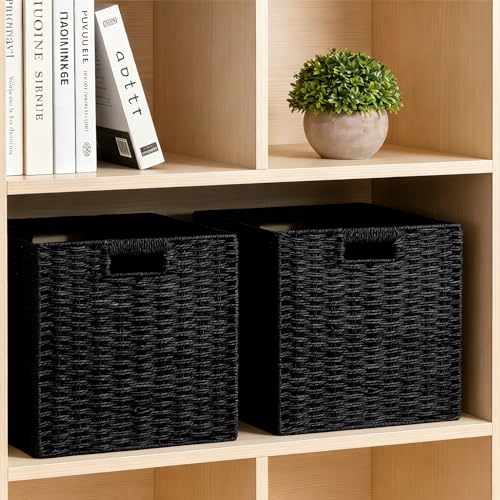 UBBCARE 2 Pack Wicker Basket, 11L×11H×10.5W inch Woven Paper Rope Storage Baskets for shelves, Foldable Cube Storage bin with Handle, Storage Basket for Organizing (Black, Cube-2pack 11") - color: Black, size: Cube-2pack 11"