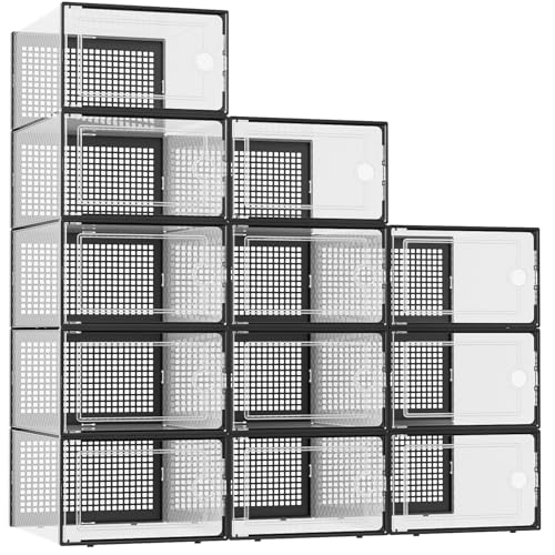 Kuject XX-Large Shoe Storage Boxes Organizers Clear Plastic Stackable 12 Pack, Shoe Rack & Holder Substitute, Sneaker Containers, Shoe Storage Organizer Bins for Closet, Under Bed, Black(No Fold Line) - color: Black, size: XX-Large