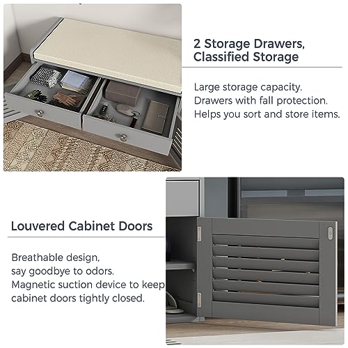 WARMHONIU Shoe Storage Bench with 2 Drawers, Entryway Bench with Cushion, Adjustable Shelves, Shoe Rack Bench with Louvered Doors for Entryway, Bedroom, Hallway, White - color: Grey, style: 2 Drawers Storage