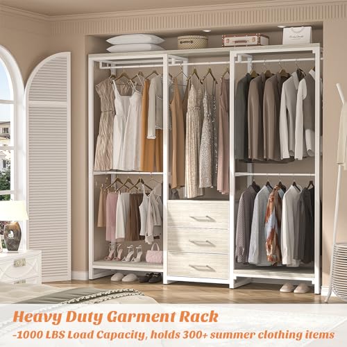 Aheaplus Garment Rack Heavy Duty Clothes Rack for Hanging Clothes,Clothing Racks with Drawers, Wood Stoarge Shelf Freestanding Closet Wardrobe, Corner L Shaped Closet System Organizers, White Oak - color: White Oak