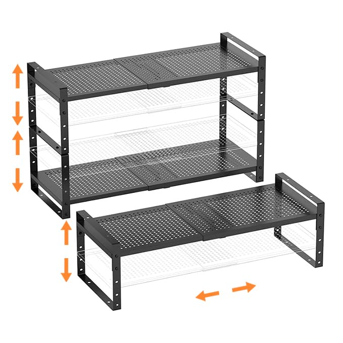Multi-Functional Metal Shoe Rack,Expandable Adjustable Stackable Kitchen Organizer,Metal Shelf risers for cabinets, Kitchens and Closet, Bathroom(3Packs/Black/Large) - color: Black, size: 3 PACKS/BLACK/LARGE