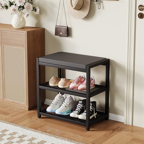 ZHOOGE Small Shoe Bench Shoe Rack Storage Bench Entryway Bench Shoe Shelf with Seat Cushion, Stable Shoe Organizer for Entryway, Living Room, Bench Seat Holds Up to 300 lb, (17"x 10"x 16", L x W x H) - color: Black, size: 18"L x 12"W x 17"H