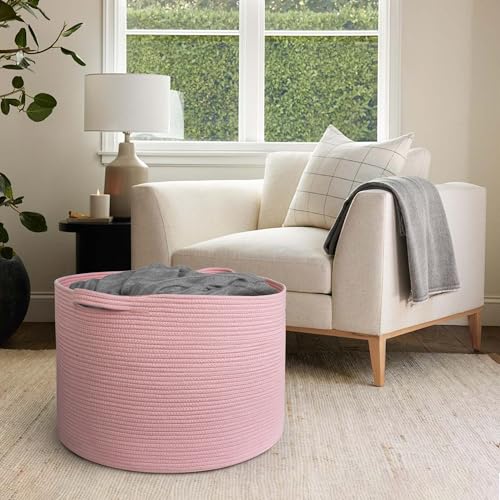 MEGASKET 115L Oversized Pink Basket, 23.6"x15.7" Woven Cotton Rope Bin with Handles, XXXL Blanket Storage for Living Room, Kids Toy Storage Bin Box, Baby Laundry Basket for Organizing, Pink Room Decor - color: Pink, size: 23.6"x23.6"x15.7"
