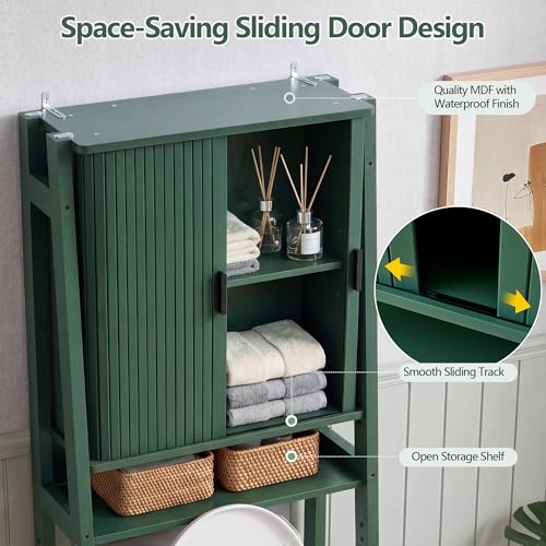 weselon Over the Toilet Storage Cabinet with Fluted Sliding Doors, Bathroom Space Saver Organizer, Freestanding Over Toilet Storage Rack for Small Bathroom, Wall-Anchored Wooden Cabinet (Green) - color: Green