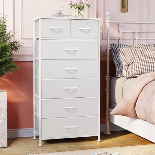 Crestlive Products Vertical Dresser Storage Tower - Sturdy Steel Frame, Wood Top, Easy Pull Fabric Bins, Handles - Organizer Unit for Bedroom, Hallway, Entryway, Closets - 7 Drawers (White) - color: White, style: 7 Drawers