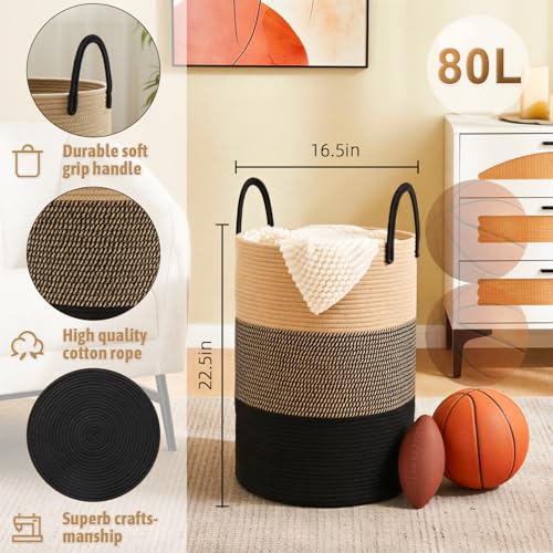 Artfeel Laundry Basket,Woven Cotton Rope Laundry Hamper,80L for Decorative Storage of Dirty Clothes,Toys and Blankets in Bathroom,Bedroom and Living Room - color: Black & Brown, size: 80L