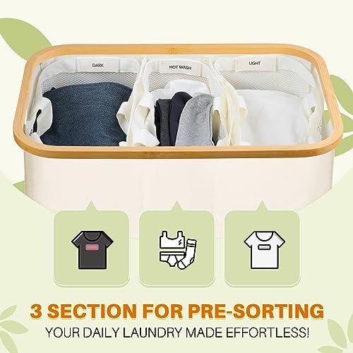 Laundry Hamper 3 Section, 145L Dirty Clothes Hamper with Lid, Extra Large Laundry Basket Organizer with Removable Inner Bags & Labels for Laundry Room, Bedroom, Beige - color: Beige, size: 145L