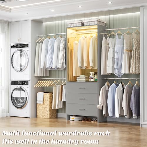 Aheaplus Closet System with Motion-Sensing Light, 3 Wooden Drawers and 4 Hanging Rods, Customizable Walk-in Closet Organizer with 3CCT LED, Heavy Duty Garment Rack for Bedroom,Grey - color: Grey, size: With Light