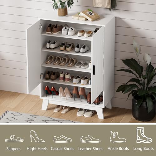 Shoe Cabinet Storage for Entryway, 5 Tier Fluted Shoe Storage Cabinet with Wooden Legs, Narrow Hidden Shoe Organizer with Adjustable Shelves, Freestanding Shoe Rack for Entryway, Hallway, White - color: White, size: 5 Tier