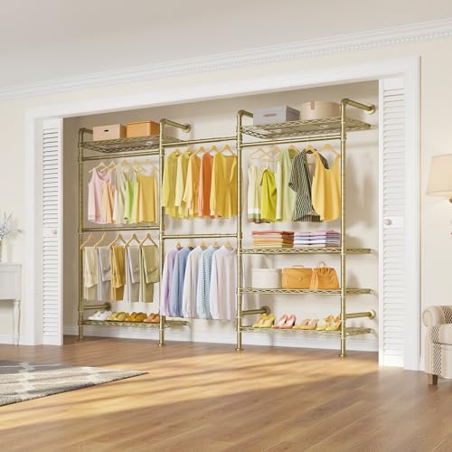 Timate F3 Garment Rack Heavy Duty Clothes Rack for Hanging Clothes, Expandable Industrial Pipe Wall Mounted Clothing Rack, Adjustable Storage Wardrobe Closets Kit Walk in Closet Systems, Gold - color: Gold, size: F3