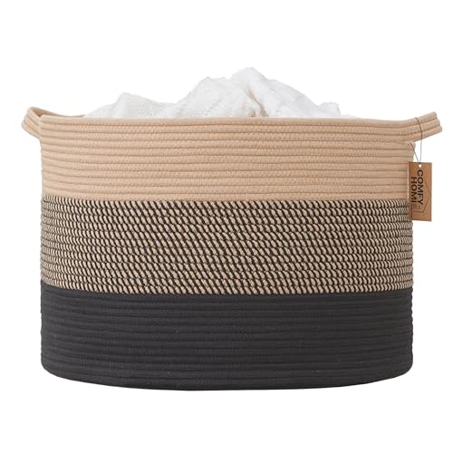 COMFY-HOMI XXXL Large Laundry Basket, Cotton Rope Nursery Woven Basket for Storage, Blanket Baskets Living Room Laundry Hamper, Dog Toy Storage Organizer, Home Decor-21''x21''x13.6''-Jute and Black - color: black/camel