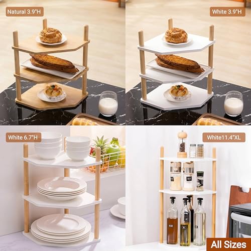 3-Tier Expandable Bamboo Corner Shelf - Dish/Plate Organizer for Cabinet, Kitchen Counter Shelf & Small Kitchen Shelf, Adjustable (Natural, 1-Pc 11.4" H) - color: 11.4"H-Natural-3