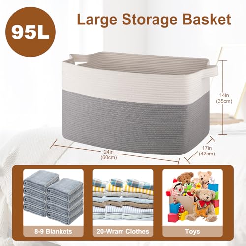 Extra Large Laundry Basket, 95L Blanket Basket for Living Room, Cotton Rope Toy Storage for Kids, Woven Baskets for Clothes, Towels, Pillows, 24" x 17" x 14", Grey and White - color: Grey & White, size: 24"x16.9"x14.2"