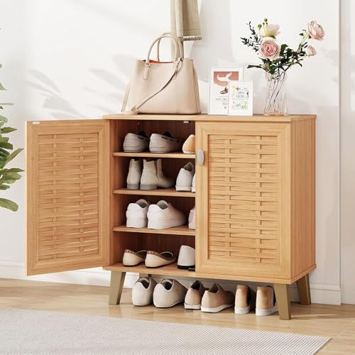 Giantex Shoe Cabinet with Doors, 4-Tier Farmhouse Shoe Rack Cabinet with 3 Adjustable Shelves, Freestanding Wood Shoe Storage Cabinet for Entryway, Closet, Hallway, Living Room