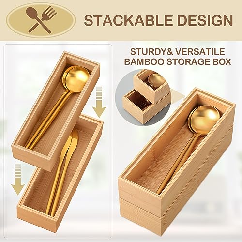 Kigley 8 Pieces Bamboo Drawer Organizer Kitchen Utensils Wooden Utensil Stackable Wooden Storage Box Bamboo Silverware Tray for Drawer(9 x 3 x 2 Inch,Wood) - size: 9 x 3 x 2 Inch