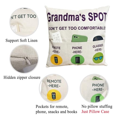 ZUYUROU Grandma Gifts Funny 3 Pocket Throw Pillow Cover for Couch Recliner Sofa, Grandma's Spot Remote Phone Glasses Holder Organizer Cushion Case, Mothers Day, Birthday 18 x 18 Inch - color: Grandma 3-pocket