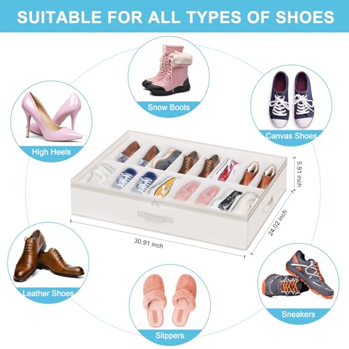 Under Bed Shoe Storage Organizer for Closet, 32 Pairs Sturdy Underbed Shoe Storage Boxes Bins Container Foldable Shoes Storage with Reinforced Handles & Clear Window for College Dorms Beige, Set of 2 - color: Beige